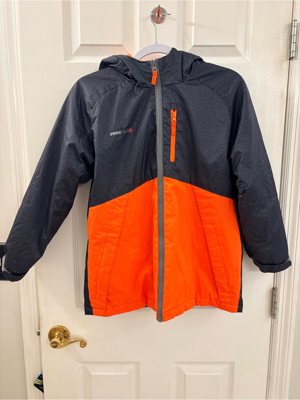 Swiss Tech Kids Hooded Colorblock Rain Jacket - Black & Orange
